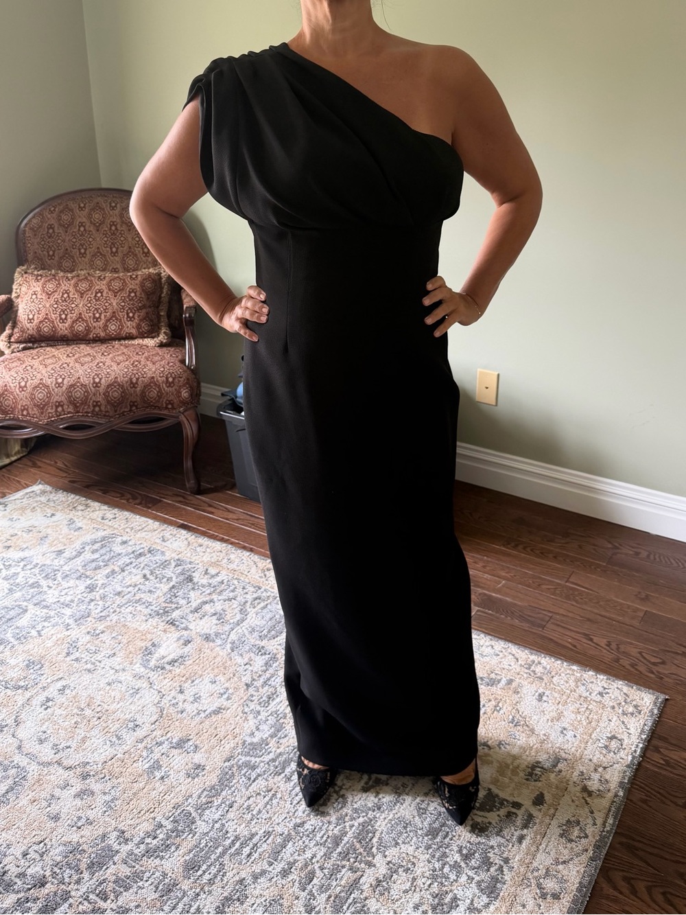 Rachel Gilbert Black One-Shoulder Evening Gown